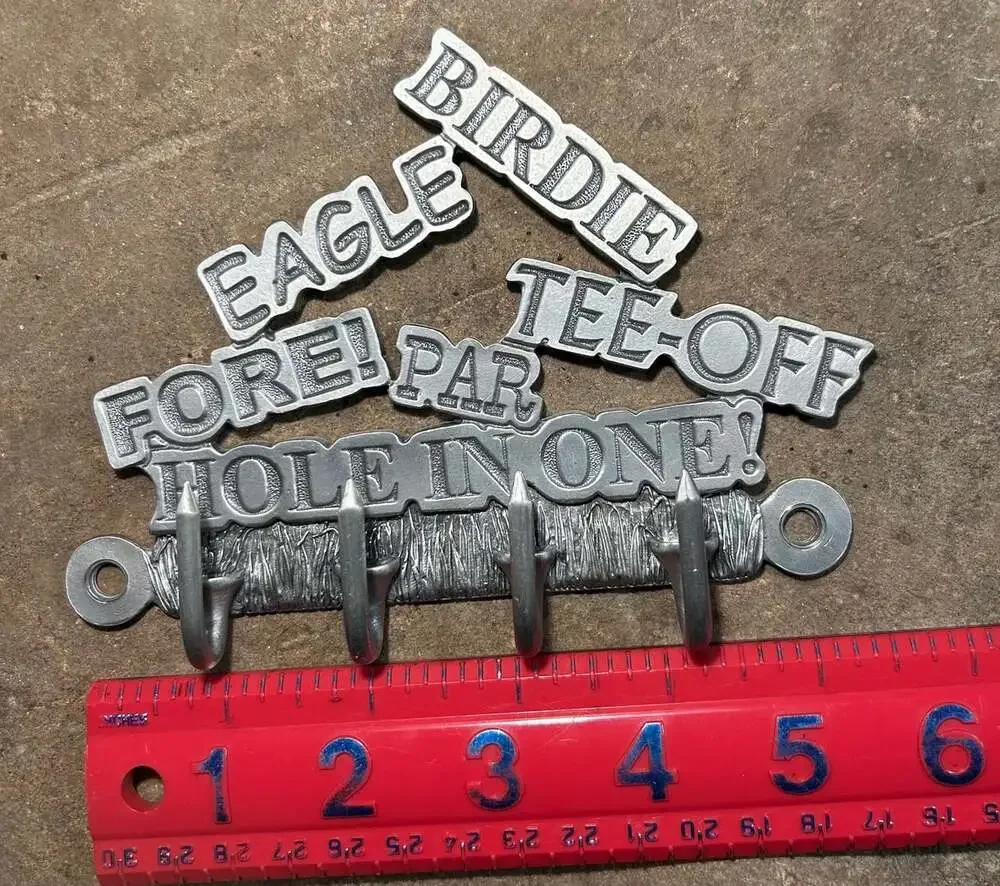 Golfers wall Key Hook Silver tone metal Golf terms tees,Eagle,PAR Birdie, FORE!
